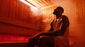 un imagen de un profesional baloncesto jugador utilizando un sauna durante un día de juego rutina enfatizando cómo saunas lata mejorar actuación mediante relajación y aumentado oxígeno fluir. foto