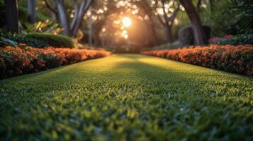 A macro shot of a perfectly manicured lawn highlighted by a perfectly symmetrical arrangement of ornamental trees and sculpted bushes creating a stunning visual effect agains photo