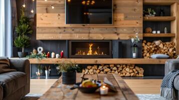 The floating hearth of the fireplace is crafted from rustic wood creating a cozy and inviting atmosphere in the living room. 2d flat cartoon photo