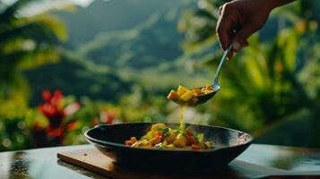 A creative shot of a tropical dish being photographed with a blurred background of a lush tropical landscape photo