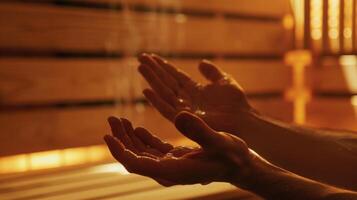 A person lying on their back in the sauna their arms outstretched and palms facing up as they let go of any tension or negativity and focus on positive thoughts. photo