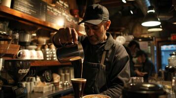 el olor de recién elaborada café llena el aire como un barista expertamente vierte latté Arte en un taza su café tienda un popular Mancha para visitantes buscando un tarde en la noche cafeína reparar foto