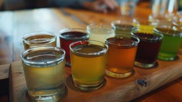 A mocktail flight with small glasses of various colors and flavors allowing guests to taste a range of options throughout their meal photo