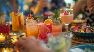 un cena fiesta con un mesa lleno de amigos disfrutando un variedad de vistoso y tentador cócteles sin alcohol foto