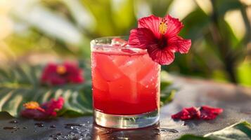 A colorful mezcal cocktail served with an edible hibiscus flower as a garnish adding a subtle tangy taste photo