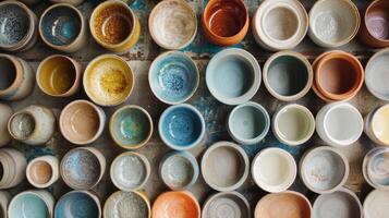 An array of different glazes and natural pigments highlighting the intentionality behind each design and color choice in the pottery making process photo