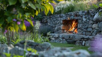 A fireplace built into the garden wall provides both warmth and ambiance making it a favorite spot for quiet contemplation. 2d flat cartoon photo