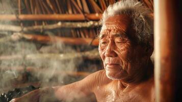 un mayor hombre disfrutando un solitario sauna sesión en un maorí donde tapa utilizando el intenso calor para físico y espiritual limpieza foto