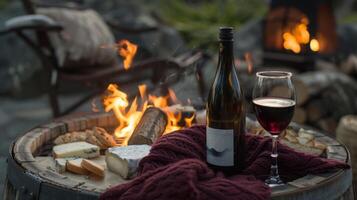 A warm and inviting fire pit serves as the centerpiece of the outdoor gathering adding to the cozy and rustic feel of the wine and cheese event. 2d flat cartoon photo
