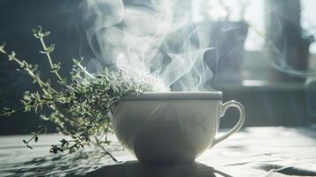 A steaming cup of herbal tea infused with herbs known for their calming and rejuvenating benefits photo