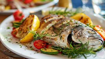 A beautifully arranged plate of fresh grilled fish caught sustainably and served with locally grown vegetables photo