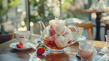 un delicado té conjunto lleno con varios suelto hoja tés se sienta en un cerca mesa ofrecimiento un calentar y acogedor alternativa a el frío hielo crema foto