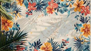 Blank mockup of a beach towel with a retroinspired floral print photo