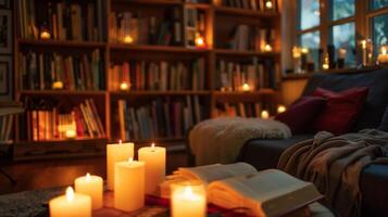 A floortoceiling bookshelf provides the backdrop for a tranquil reading nook its shelves lined with candles of various sizes. 2d flat cartoon photo