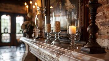 A polished marble mantle adorned with elegant candle holders and tasteful artwork contrasted beautifully against the rustic brick interior of the fireplace. 2d flat cartoon photo