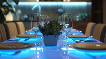 A dining room featuring an interactive dining table that displays recipes and adjusts lighting and temperature for the perfect dinner party setting photo