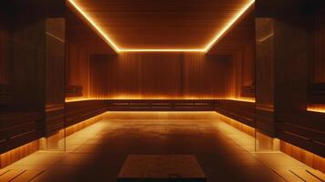 un pacífico y tranquilo ver de el sauna habitación con atenuado luces y calmante música jugando en el antecedentes. foto