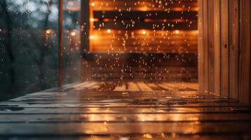 el amable sonido de lluvia jugando en el antecedentes de un sauna sesión simulando un calmante al aire libre experiencia. foto