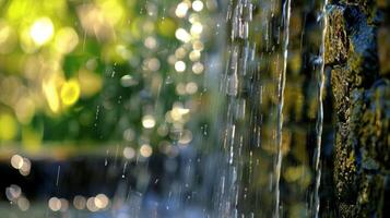 un pequeño cascada cascadas abajo el pared relleno el espacio con el calmante sonidos de corriendo agua. 2d plano dibujos animados foto