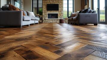 Zoomedin view of a chevron patterned hardwood floor accentuating the unique grain and texture of the wood photo