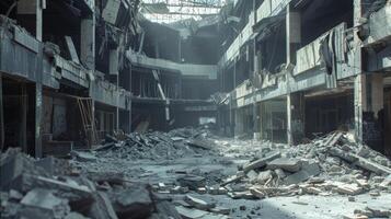 In the next image the buildings interior is revealed with piles of rubble and debris tered across the floors photo