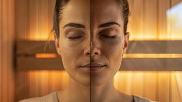 A representation of overall wellbeing with a before image showing a person with a dull and tired appearance and an after image showing a person with a radiant healthy glow after regularly photo