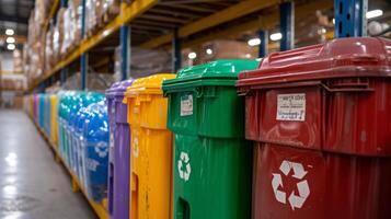 Colorful bins labeled for paper glass and plastics stand ready to collect recyclables at the busy workshop for retirees photo