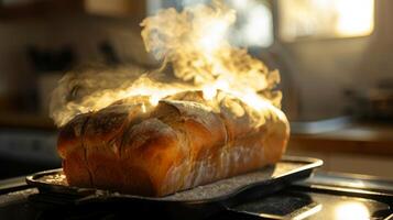 el vapor creciente desde un recién horneado pan de un pan agregando a el acogedor consolador atmósfera de un hogar cocina foto