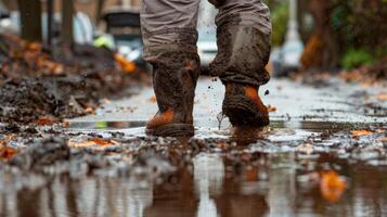 A worker trudging through a puddle their bright orange vest now covered in brown splotches photo