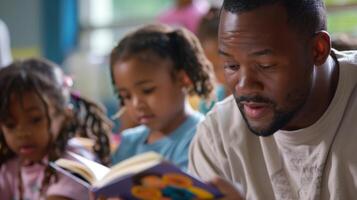 un hombre leyendo a un grupo de niños a un comunidad centrar como parte de un literatura y mentoring programa foto