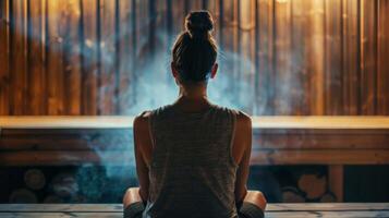 A woman meditating in the sauna her mind filled with positive affirmations and visualizations of her desired future. photo