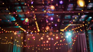 The ceiling is adorned with ling string lights giving the studio a magical feel. 2d flat cartoon photo
