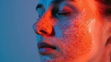 A woman with psoriasis using an infrared face mask to alleviate itching and flaking. photo