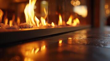 The warm glow of fire reflecting off the sleek black glass of the modern fireplace. 2d flat cartoon photo