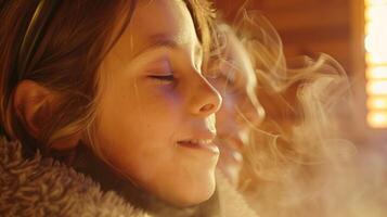 un madre y niño disfrutando un sauna sesión juntos el niños nasal pasajes siendo despejado por el saunas húmedo y teutico atmósfera. foto