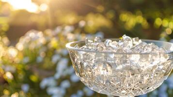 un claro como el cristal hielo Cubeta lleno con enfriado champán Listo para tostado y bebiendo debajo el calentar verano Dom foto