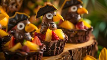 Piratethemed desserts like chocolate parrotshaped cookies and tropical fruit tarts photo