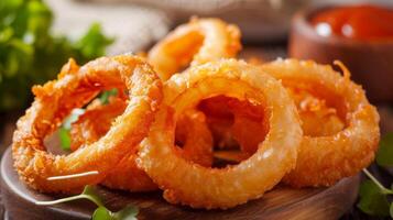 Crispy onion rings battered and fried to perfection add a tasty crunch to the table of Western delights photo