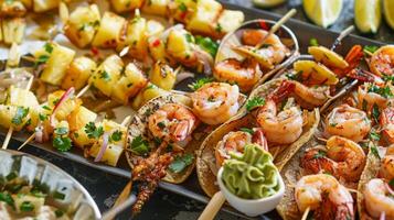 A platter of tropicalinspired appetizers including mini fish tacos coconut shrimp and pineapple skewers photo