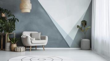 un hábilmente pintado acento pared en un de moda geométrico modelo trayendo visual interesar y dimensión a un llanura y aburrido habitación foto