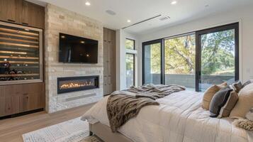 A stunning master bedroom features a contemporary fireplace with a builtin wine fridge perfect for romantic evenings in. The fridge is tucked into a nook beside the 2d flat cartoon photo