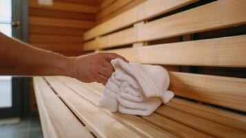 un persona refinamiento su sauna sesión y utilizando un previsto toalla a limpiar abajo su asiento siguiendo etiqueta pautas para mantener limpieza para el siguiente usuario. foto