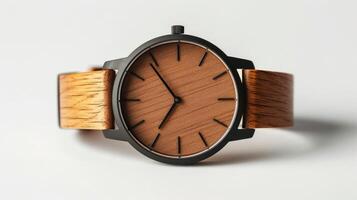 blanco Bosquejo de un minimalista de madera reloj con un natural madera grano y un sutil grabado logo en el rostro. foto