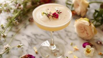 un elegante Mocktail adornado con comestible flores y servido con un picante cabra queso foto