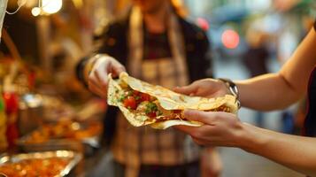 dos amigos compartiendo un sabroso crepe desde un gastrónomo calle comida vendedor a un comida mercado foto