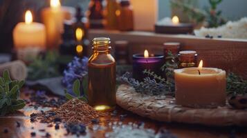un foto de varios esencial aceites velas y hierbas puesto fuera en un mesa dentro un sauna representando el utilizar de aromaterapia en bienestar entrenamiento sesiones