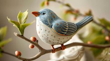 un pintado a mano cerámico con un caprichoso diseño de un pájaro encaramado en un árbol rama agregando un juguetón toque a ninguna pedazo de mueble. foto