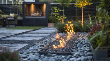 The focal point of this garden is a sleek minimalist fire feature providing both style and function. 2d flat cartoon photo