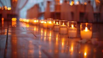Rows of lit candles line the floor casting a soft intimate glow over the room. 2d flat cartoon photo