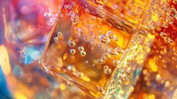 A closeup of a crystalclear ice cube in a fancy glass reflecting the light and showcasing the vibrant colors of the drink it surrounds photo